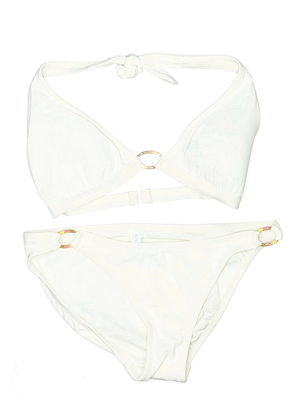 J. Crew White Bikini top and bottom with Pink & green metal ring accent size M